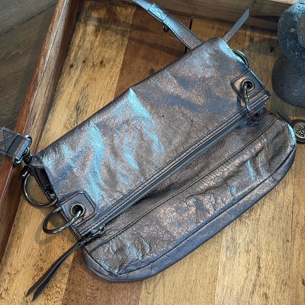 The Sak Leather Fold over Crossbody Bag Metallic Silver Convertible